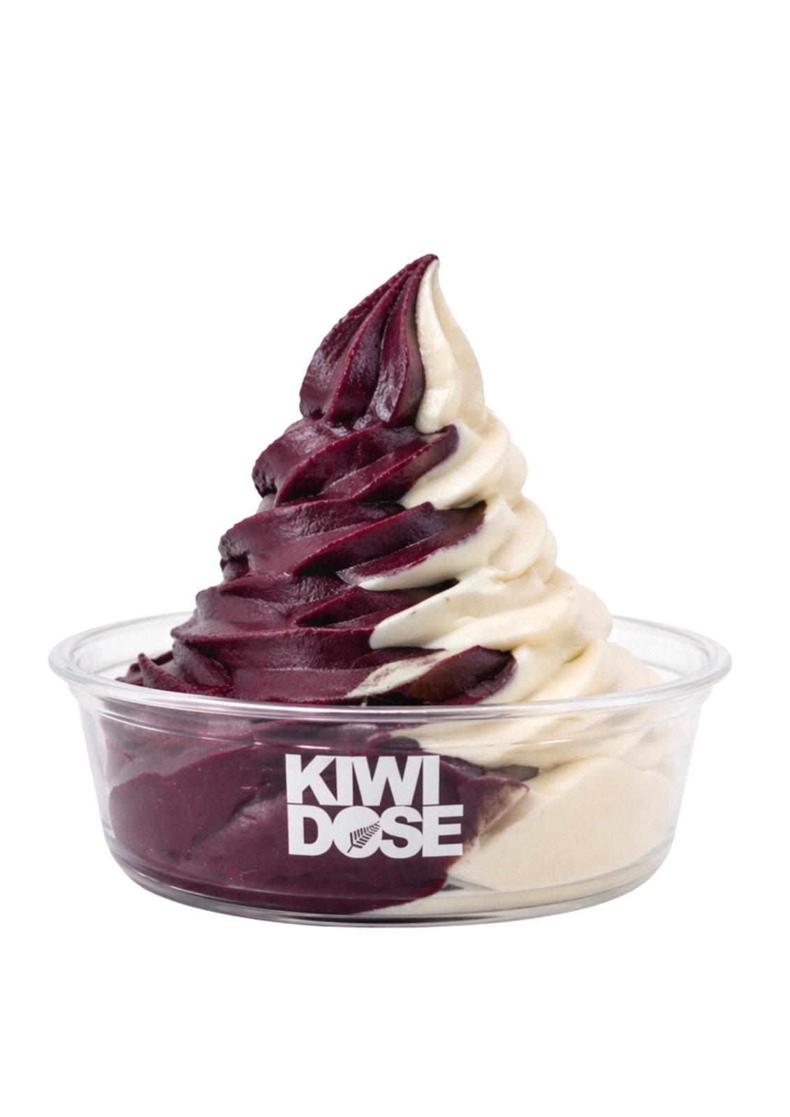 Açaí and vanilla swirl soft serve in a Kiwi Dose bowl