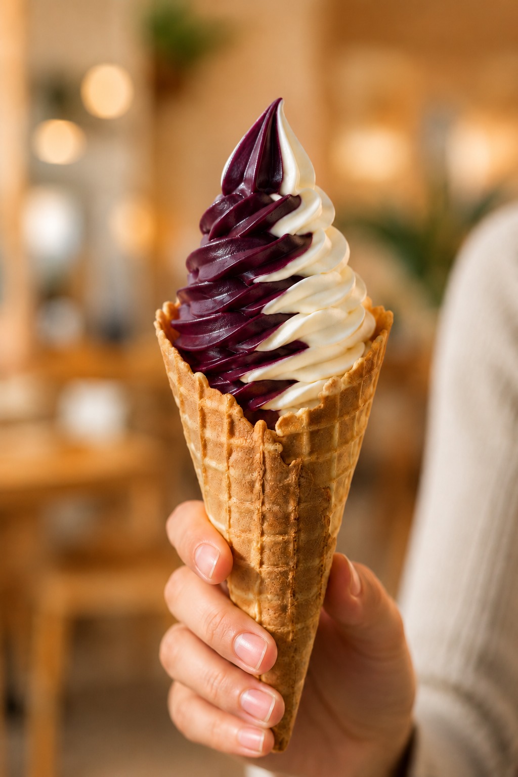 Açaí and vanilla soft serve cone held inside the Kiwi Dose café