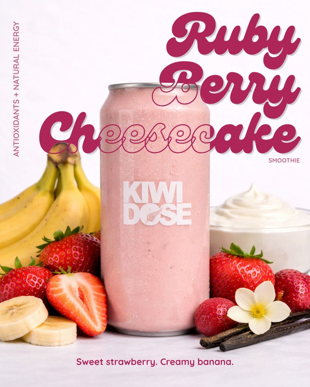Ruby Berry Cheesecake smoothie with strawberries, banana and vanilla